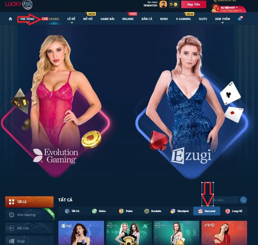 Chọn Live Casino -> Baccarat -> sảnh chơi 