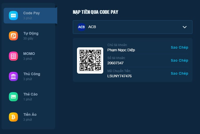 Nạp tiền bằng Code Pay